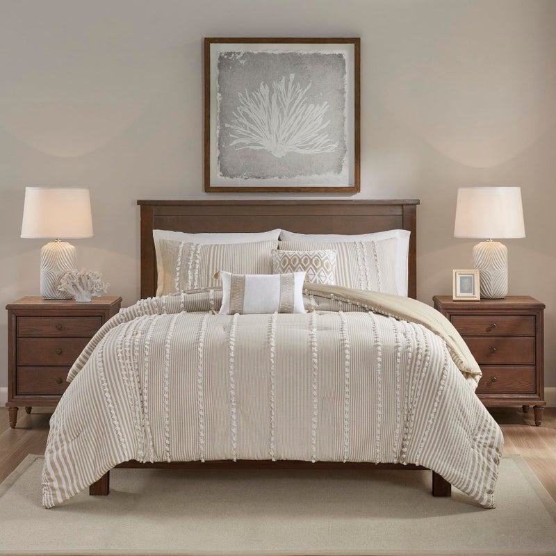 Harbor House 100% Cotton Duvet Set - Trendy Tufted Textured Design, All Season Cozy Bedding Modern Comforter Cover, Matching Shams, Anslee Pom Pom Taupe King(106"x90") 3 Piece - Image 1